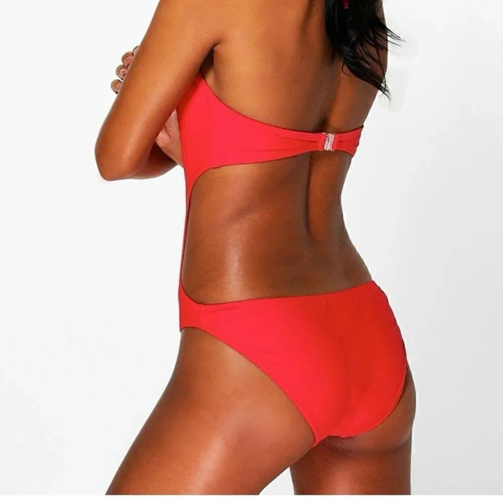 NEW! BOOHOO KOS DEEP PLUNGE SWIMSUIT RED SIZE 6
